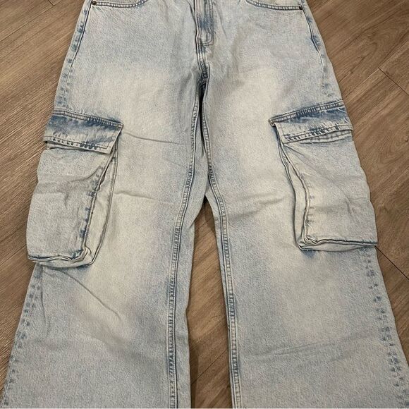 Zara TRF Mid Rise Cargo Baggy Loose Fit Light Tan Wide Leg Y2K Denim - Picture 4 of 8